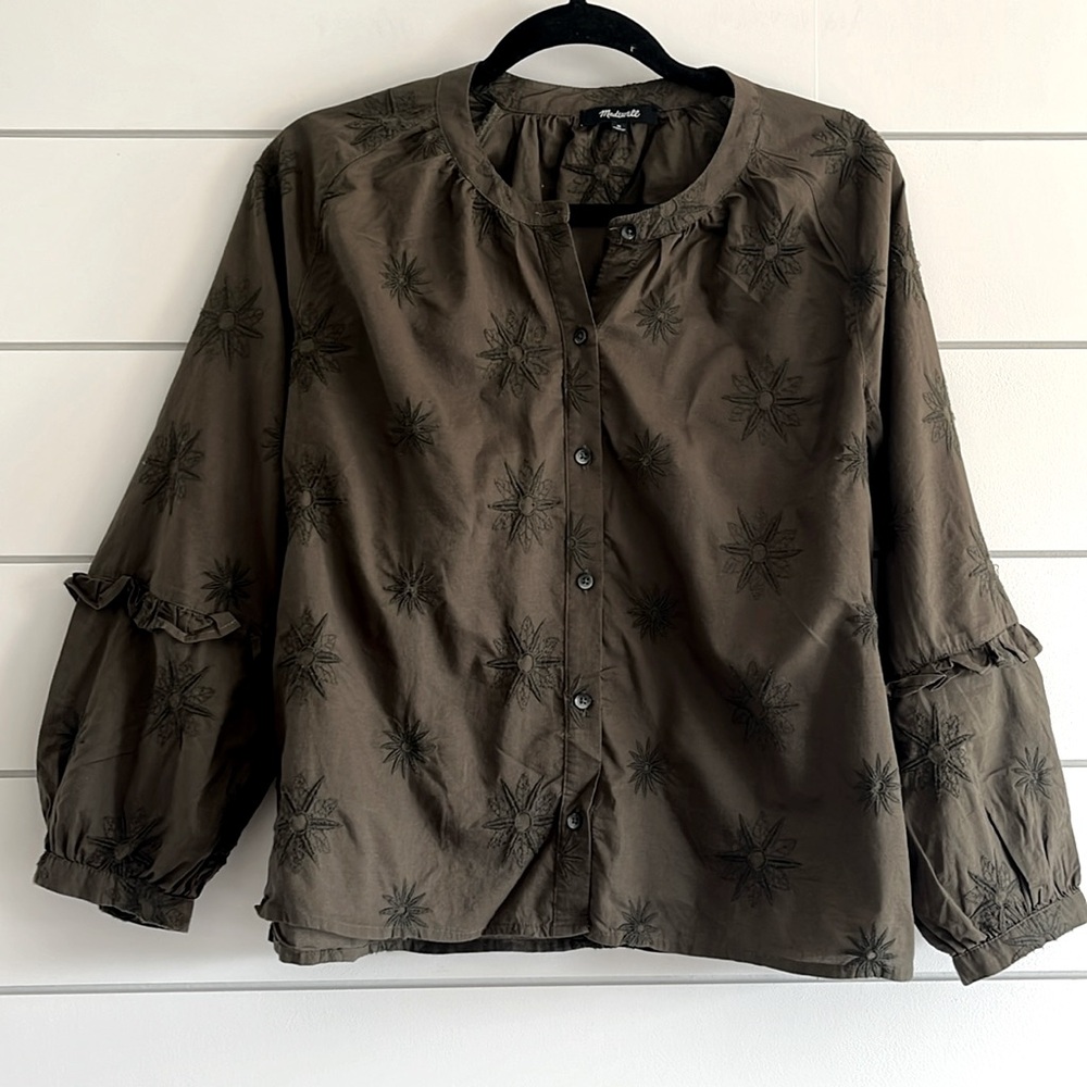 Madewell Embroidered Olive Green Cotton Top
